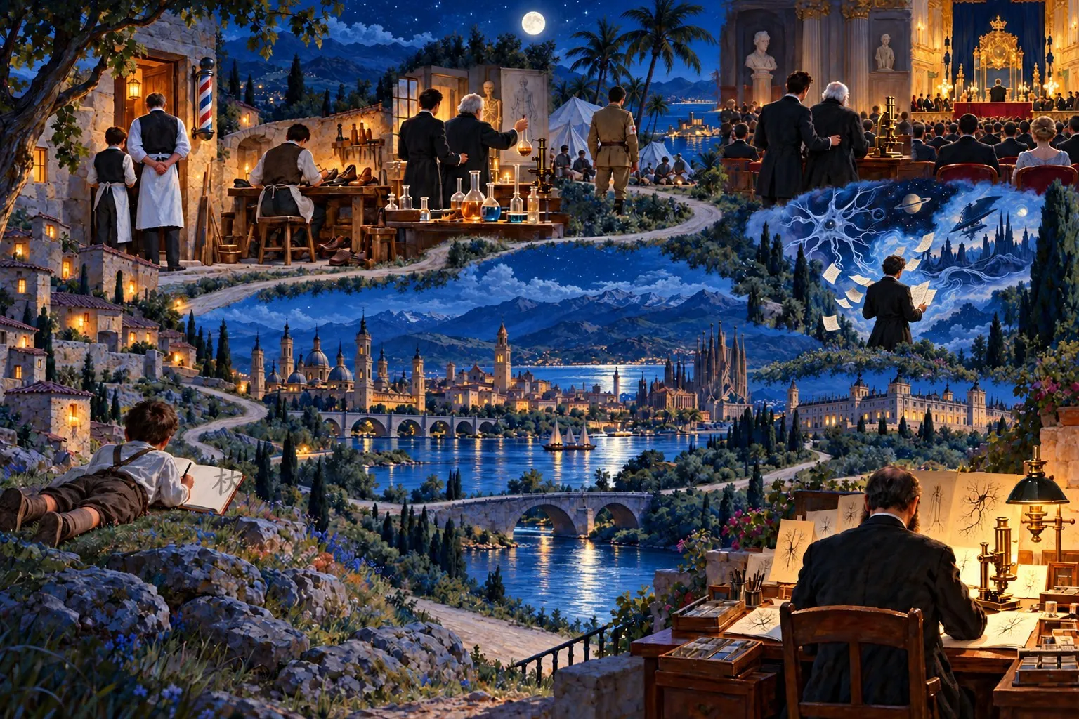 卡哈尔的一生，月夜里一条路蜿蜒而过：童年趴在草坡上画画，理发店与鞋匠铺学徒，医学院的化学实验室，古巴服役，柏林年会上拉着科利克看切片，站在山坡上让小说手稿飞进梦境，斯德哥尔摩的颁奖礼；中景河边是萨拉戈萨、瓦伦西亚、巴塞罗那、马德里四座城；右下角灯下，中年卡哈尔伏在显微镜旁画神经元