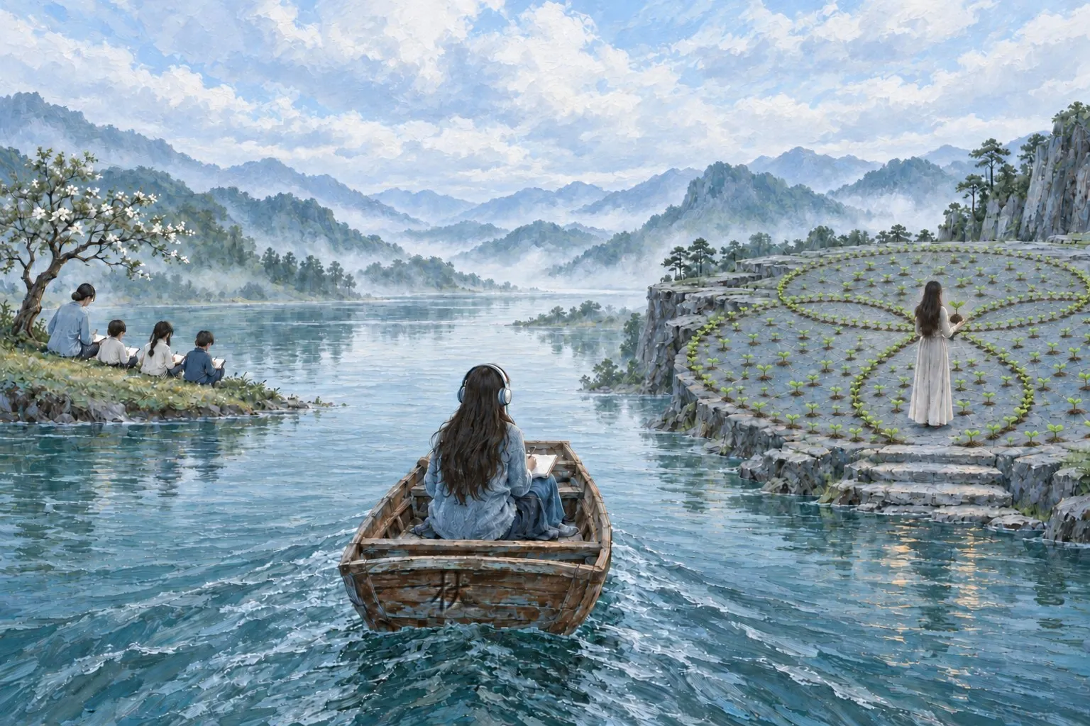 白天的河面上,戴耳机的女孩独坐小船,膝上摊着本子,缓缓驶向对岸;左岸一棵开着白花的小树下,老师带着孩子们边看边写;右岸石台上,她捧着一株幼苗,正要种进排成三个交叠圆形的幼苗之间