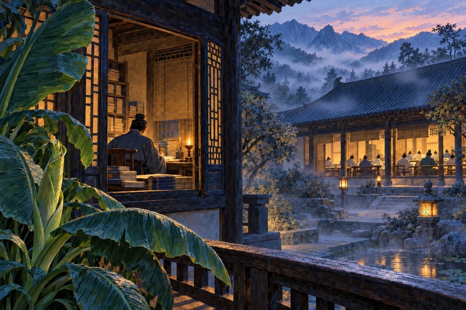 拂晓的山中书院，晨雾漫过屋顶，廊外芭蕉新叶初展；近处书房里，先生独自伏案著书，院子对面的讲堂灯火未熄，学生们围坐晨读