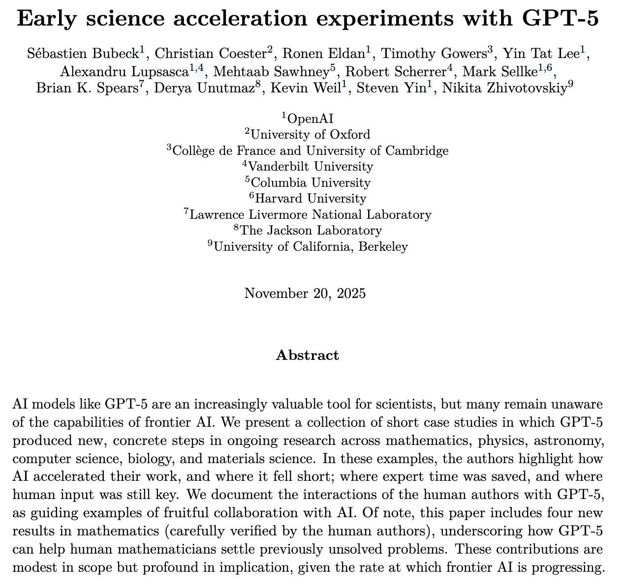 论文《Early science acceleration experiments with GPT-5》的标题、作者与摘要