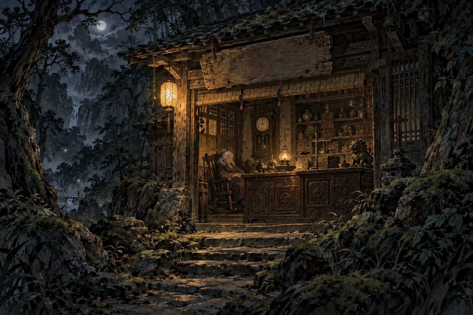 夜色山林深处的一间木屋当铺，门口挂着灯笼，柜台后的老妇在摇椅上打盹