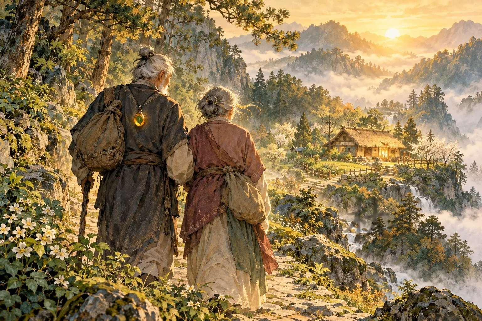 晨光里，一位老翁扶着老妇沿山路下行，老翁身上挂着一枚夹着绿叶的琥珀，远处一座崭新的茅屋