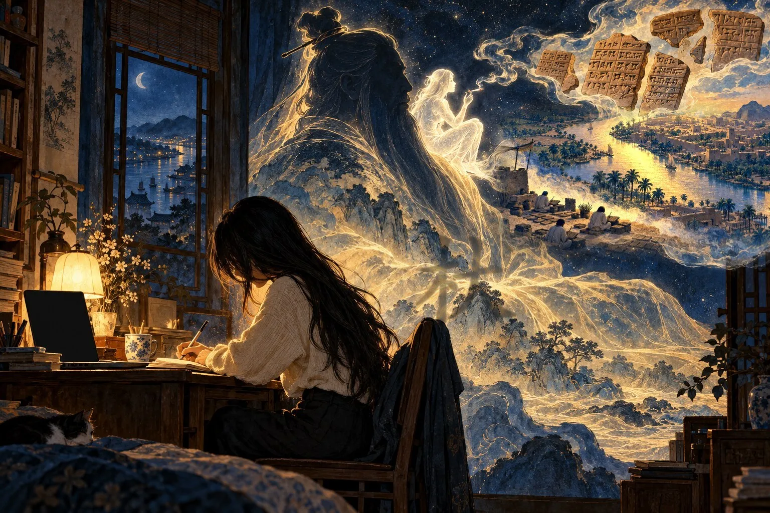 深夜伏案写作的背影，身后发光的魂魄坐在古代圣人的肩上抽烟，烟雾里浮现楔形文字泥板，两河岸边的苏美尔书吏正在泥板上刻字