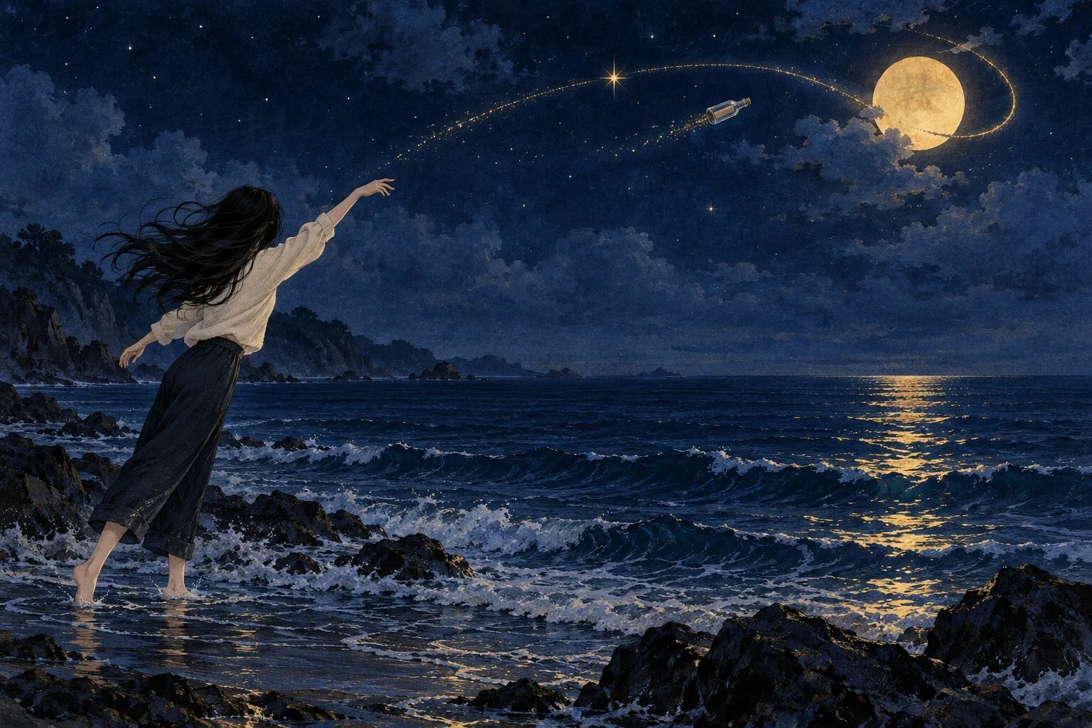 夜晚的海边，长发女子赤脚站在浅水里，把漂流瓶抛向夜空，瓶子拖着金色弧线飞过亮星、绕向明月