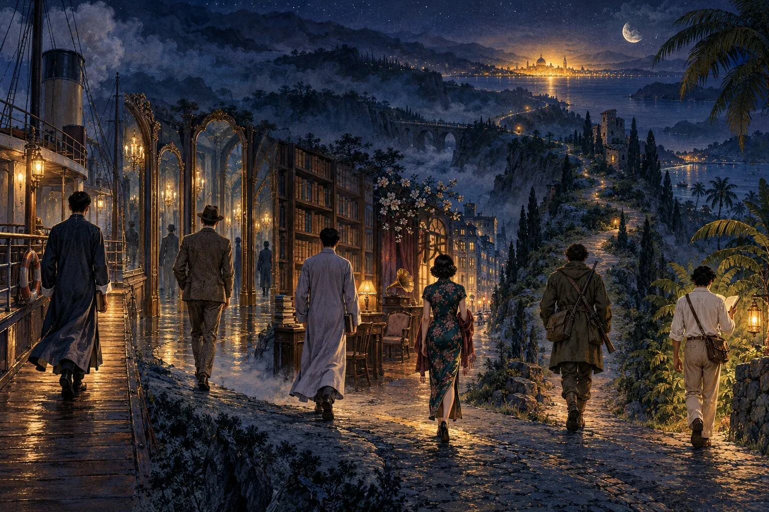 夜路上，六个二十岁的年轻人背对画面各自前行：轮船甲板上的长衫青年、镜廊里戴礼帽的青年、书架前的白长衫青年、旗袍女子、背枪的游击队员、热带树下读诗的青年，远处一座发光的城