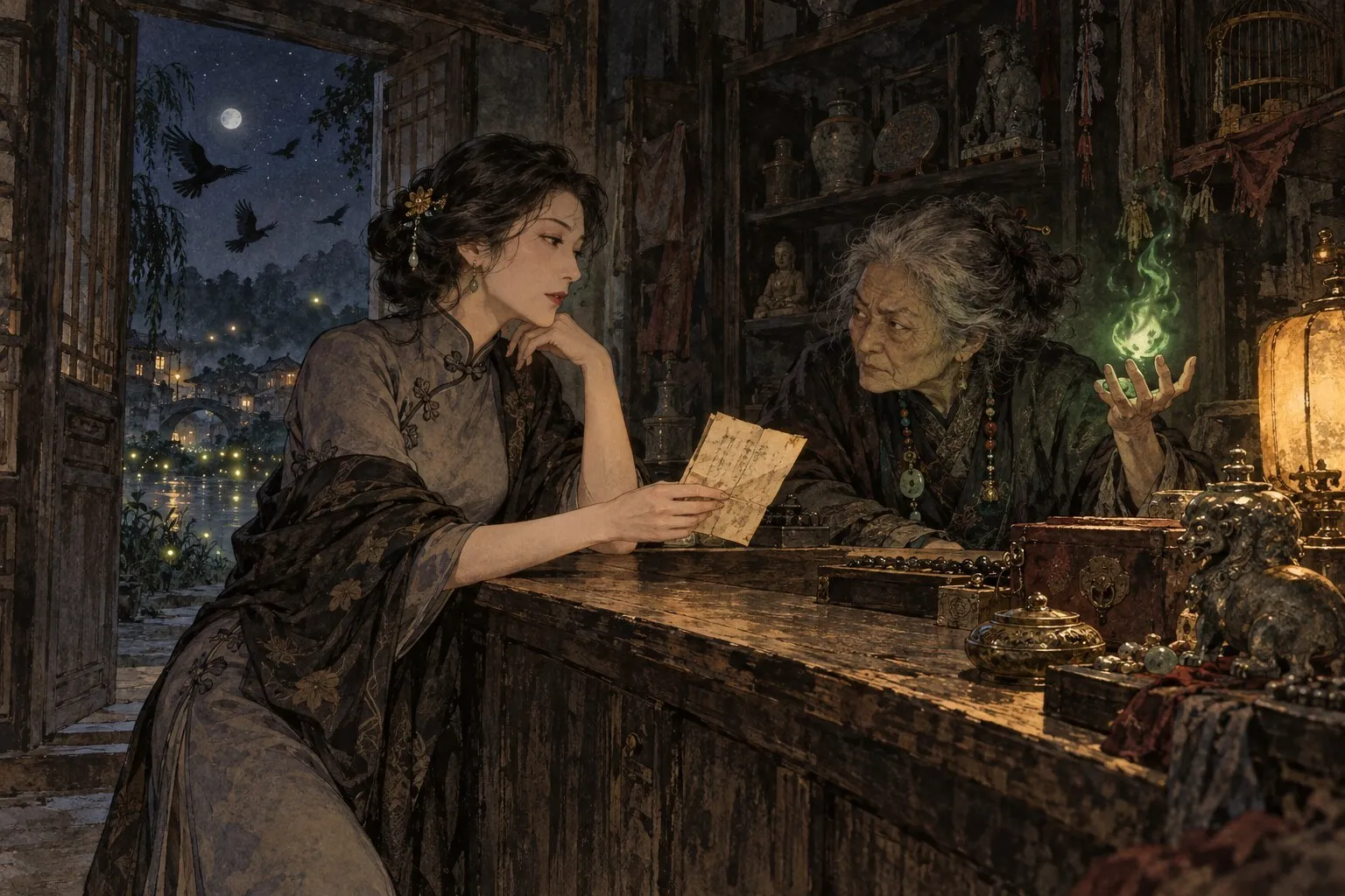 当铺里，穿旗袍的女子倚着柜台拿着一张泛黄手书，柜后老妇掌心浮着一簇荧绿色火焰