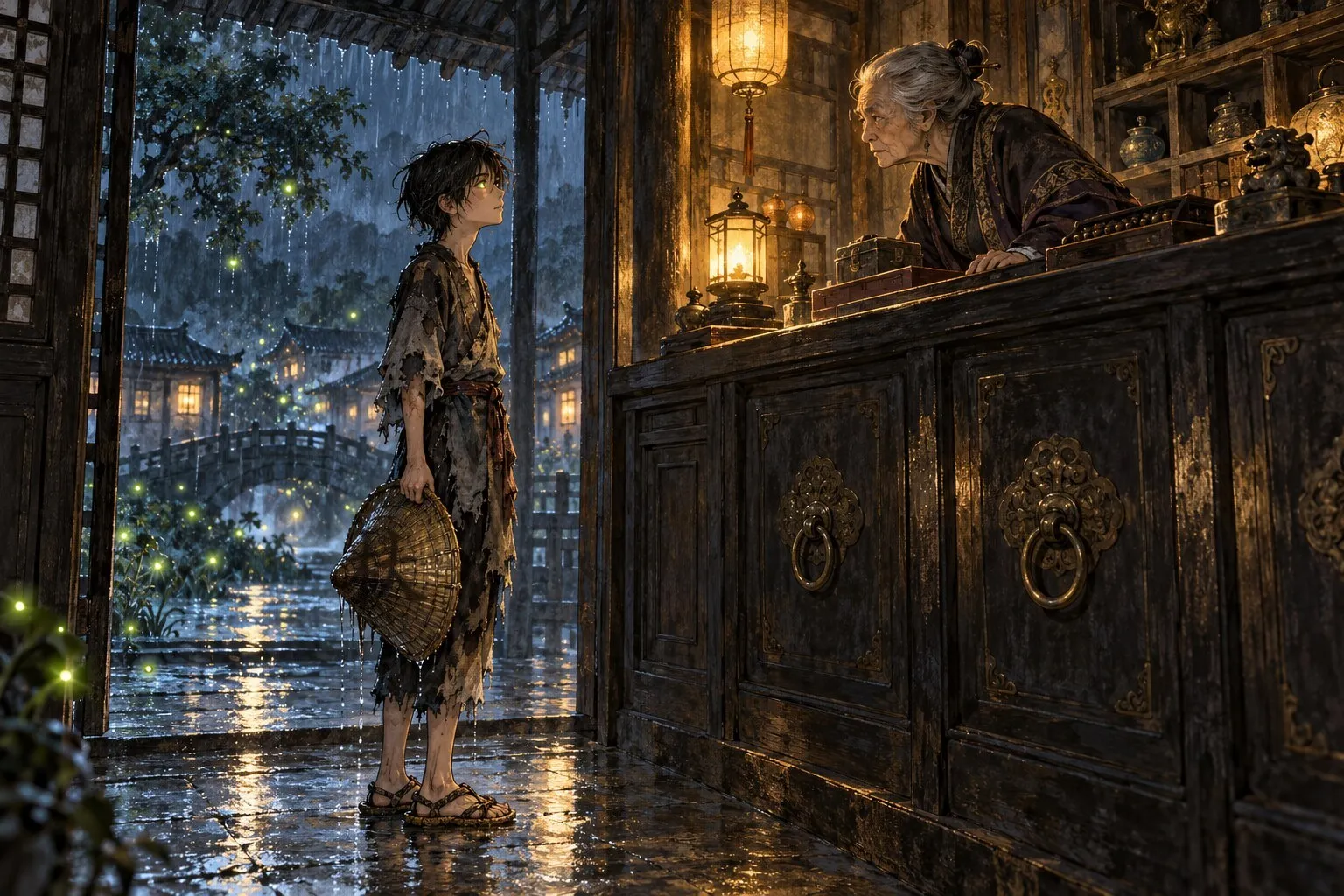 雨后夜里，衣衫褴褛的少年手拿斗笠站在典当柜台前，老妇倾身打量他